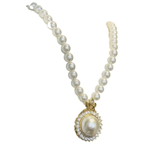 VTG White Pearl Icy Crystal Pendant Necklace 18" Gold Formal Wedding - Picture 11 of 16